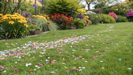 Obraz premium Confetti scattered on a bright green grassy lawn surrounded by colorful garden flowers, confetti fall, grassy lawn decor, blooming flowers