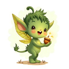 Fototapeta premium A cheerful green fairy holding an acorn surrounded by soft light and nature inspired elements, digital illustration of fantasy character design concept.