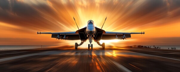 Naklejka premium Fighter jet taking off from aircraft carrier at dawn with sun rising