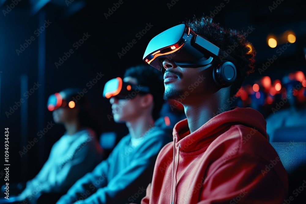 Poster a group of individuals immersed in a virtual reality experience using advanced vr headsets, represen