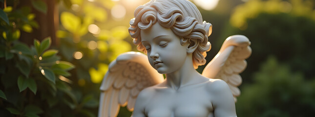 Serene angelic statue in sunlit garden