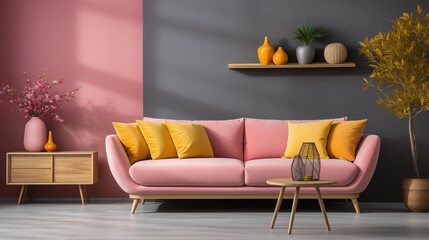 Minimalist living room with a pink sofa and home decor accents. Grey and yellow walls create a contemporary, vibrant atmosphere.