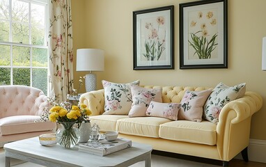 Elegant pastel yellow living room with floral accents and natural light.