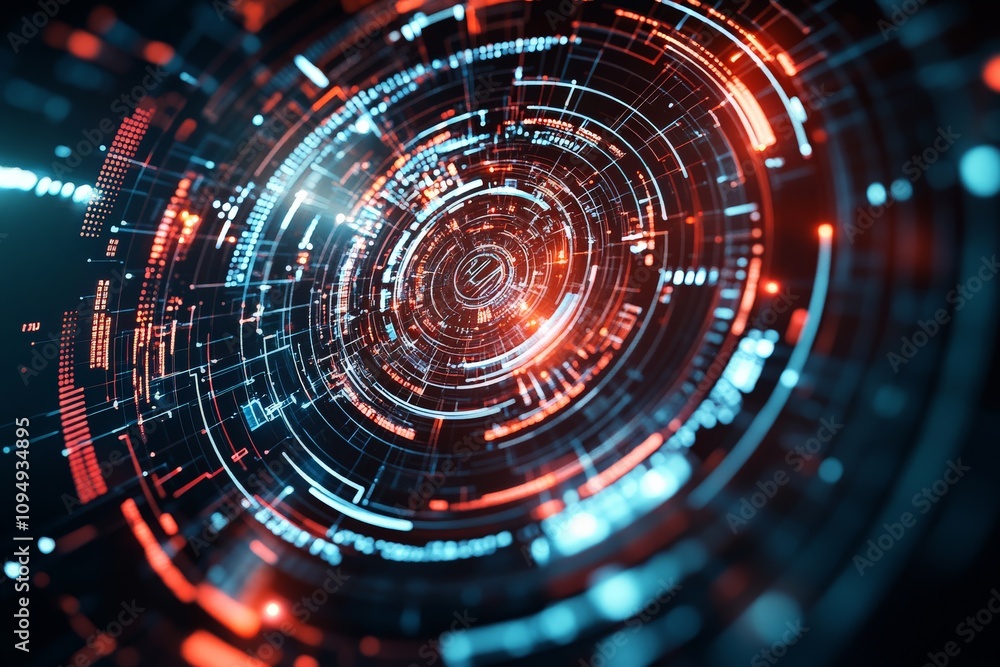Poster a futuristic, technology-themed image portraying a digital tunnel layered with red and blue light st