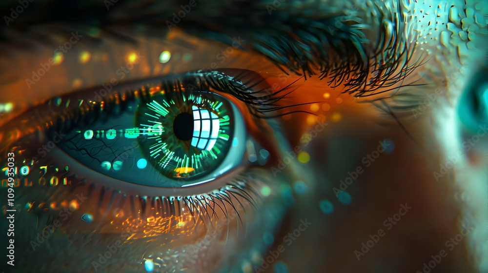Poster digital eye: a close-up, abstract 3d illustration of a human eye with binary code and glowing partic
