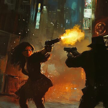 Here's a 10-word description of the image: Fiery gunfight between