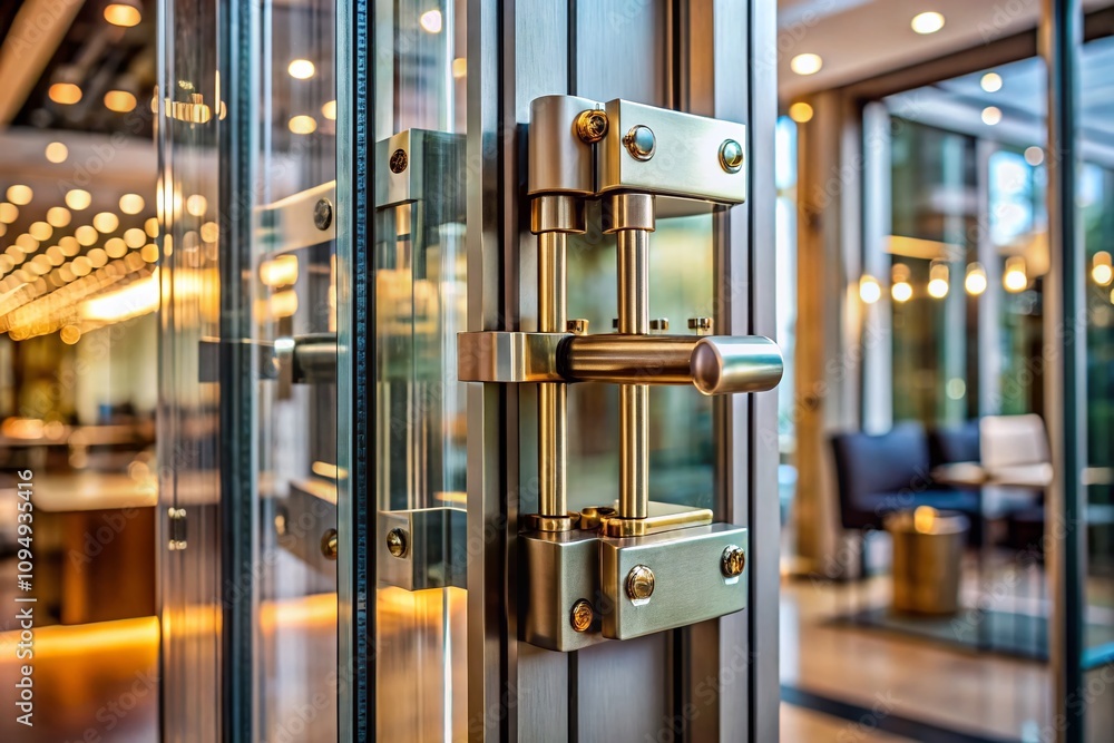 Poster close-up view of an external open-close mechanism on a glass door in a modern interior setting, high