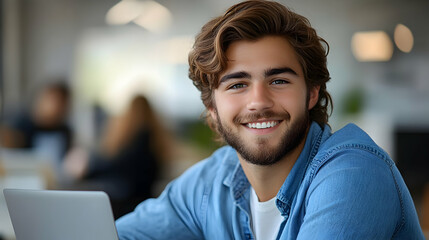 Fototapeta premium A Close-Up Portrait of a Smiling Young Man with Wavy Brown Hair Wearing a Blue Denim Shirt in a Modern Office Setting, Possibly During a Business Meeting.