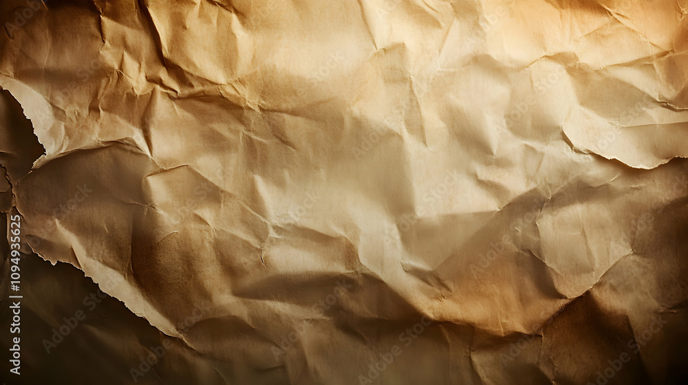 Aufkleber a close-up view of a crumpled brown paper texture, showing wrinkles and folds with a gradient from l