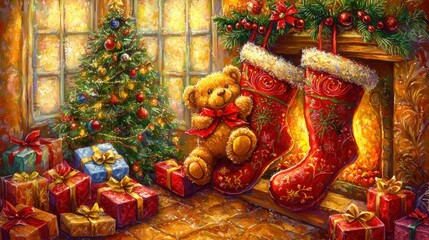 Fototapeta premium A cozy Christmas scene featuring a teddy bear, decorated tree, stockings, and gifts by a warm fireplace.