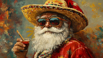 A cheerful Santa Claus wearing a sombrero and sunglasses, holding a festive cocktail. The image exudes a warm Christmas holiday vibe with a unique cultural twist