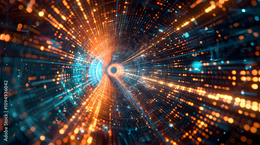Poster abstract 3d digital tunnel of glowing particles, dynamic light trails and vivid colors