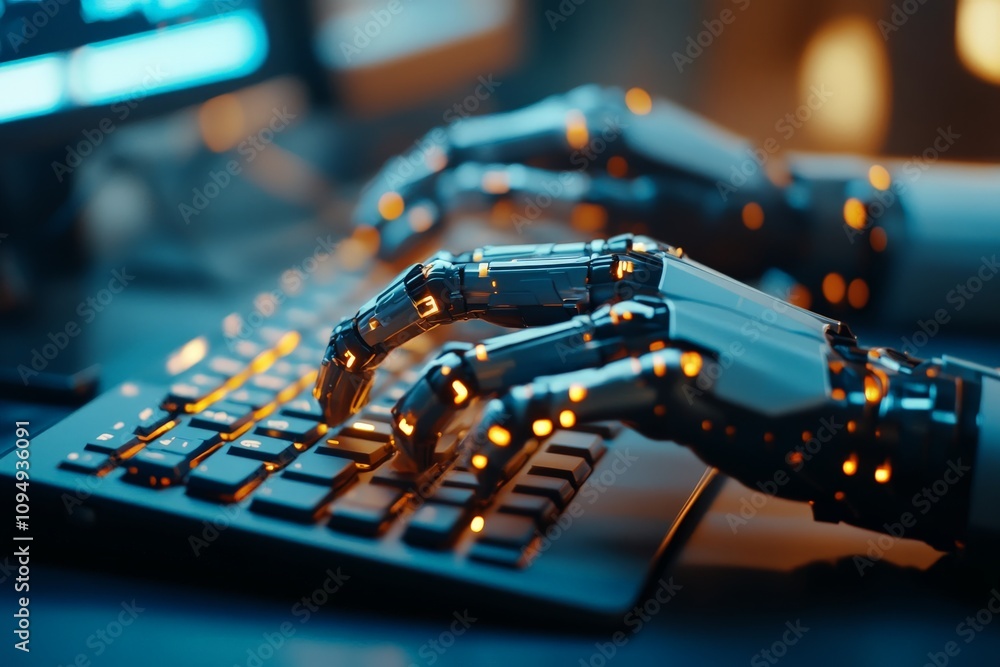 Poster robotic hands engaged in typing on a keyboard, set in a sleek technology lab environment, symbolizin