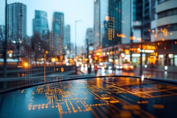 A cityscape overlaid with digital data visualization, illustrating the integration of technology and urban life with glowing data points and structures.