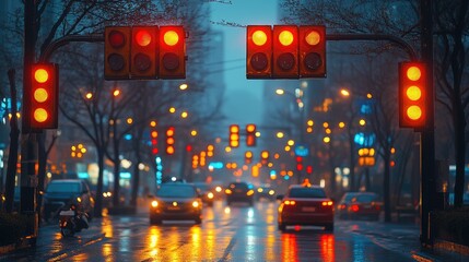 Obraz premium A city street at dusk with red traffic lights and wet pavement reflecting city lights.