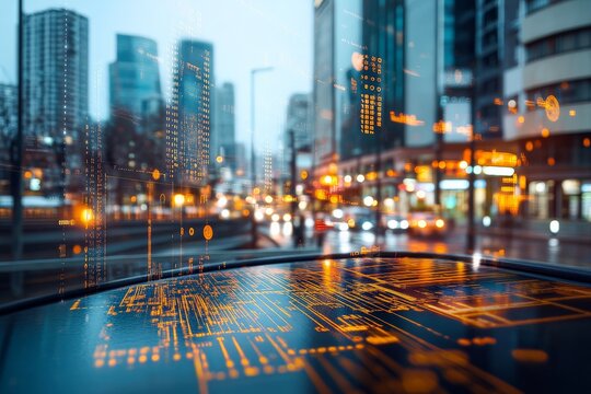 A cityscape overlaid with digital data visualization, illustrating the integration of technology and urban life with glowing data points and structures.