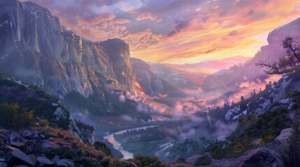 Yosemite Valley With a steep stone wall The river meanders at the bottom. and the sky full of colors lively of sunrise