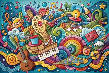 Colorful Aerial Photography of Musical Doodles and Illustrations for a Vibrant Music-Themed Banner Design Celebrating Creativity and Artistry in Sound and Rhythm