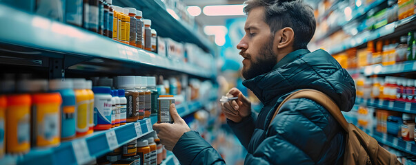 Man Carefully Examining Supplement Bottles in Store Aisles,  Health Conscious Consumer Making a Purchase Decision.