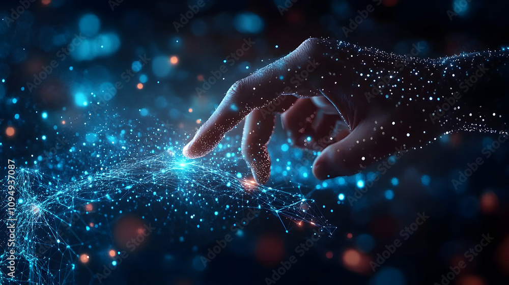 Poster a hand reaches out to touch a glowing abstract network of connected points, abstract background with
