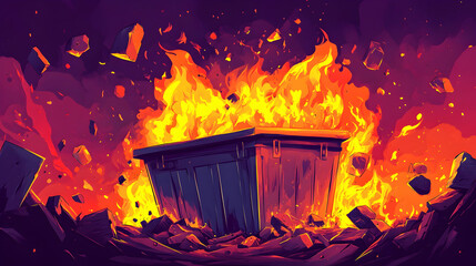 Obraz premium Cartoon dumpster fire illustration as a symbol of chaos in modern culture