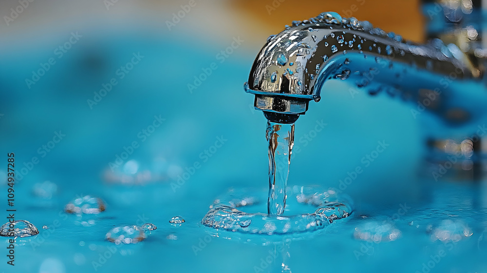 Poster a close-up view of water flowing from a chrome faucet and creating a circular ripple on a blue surfa