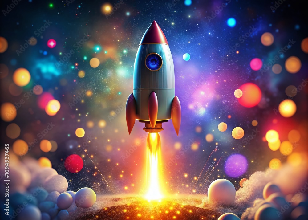 Poster colorful cartoon rocket soars through space surrounded by mesmerizing bokeh lights, symbolizing adve