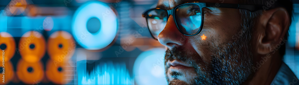 Poster man with glasses analyzes blue and orange data streams on screen, abstract background