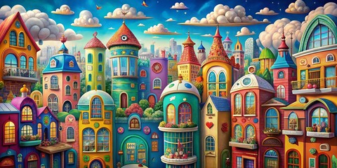Colorful Cartoon Windows in a Whimsical Cityscape with Vibrant Details and Unique Designs for Imaginative Storytelling and Children’s Illustrations