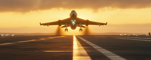 Fototapeta premium Jet taking off from aircraft carrier with sunset in the background
