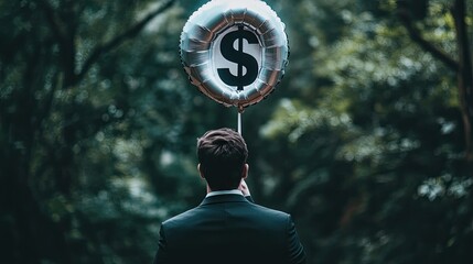Man holding a dollar sign balloon, symbolizing inflation control and monetary policy