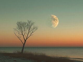 Serene nocturnal landscape featuring a bare tree silhouette against a vibrant gradient sky at twilight, with a large luminous moon rising above the calm ocean, creating a tranquil and mystical atmosph