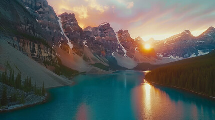 Cinematic Drone Shot of Moraine Lake at Sunrise &ndash; Summer Beauty of Banff National Park with Turquoise Waters, 300 DPI