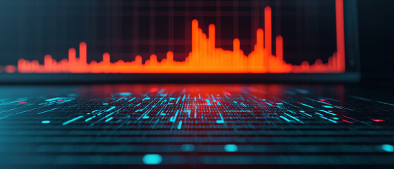 Futuristic data visualization with glowing lines and red graph
