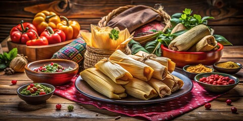 Colorful Display of Traditional Tamales Dulces with Rich Textures on a Rustic Wooden Table, Celebrating Mexican Culinary Heritage and Festive Occasions