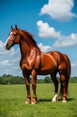 Fototapeta premium Chestnut Horse Standing in a Green Pasture