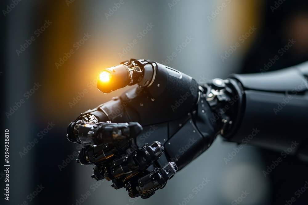 Poster detailed view of a mechanical robotic hand with a glowing fingertip, representing precision, technol