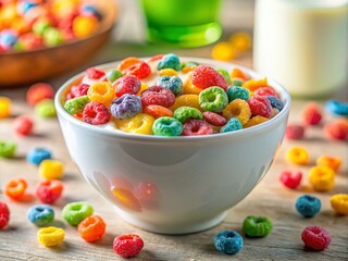 Colorful Fruity Cereal in a Bowl with Delicious Milk, Macro Photography Capturing the Vibrant Flakes and Texture of a Breakfast Favorite, Ideal for Food and Breakfast Themes