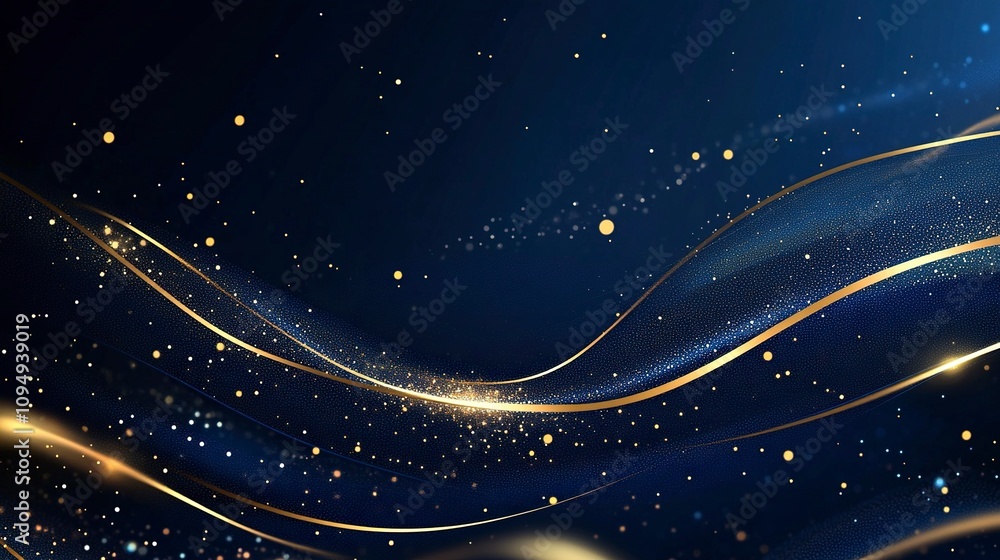 Poster blue luxury background with golden lines, sparkle glowing dots effect and bokeh element.