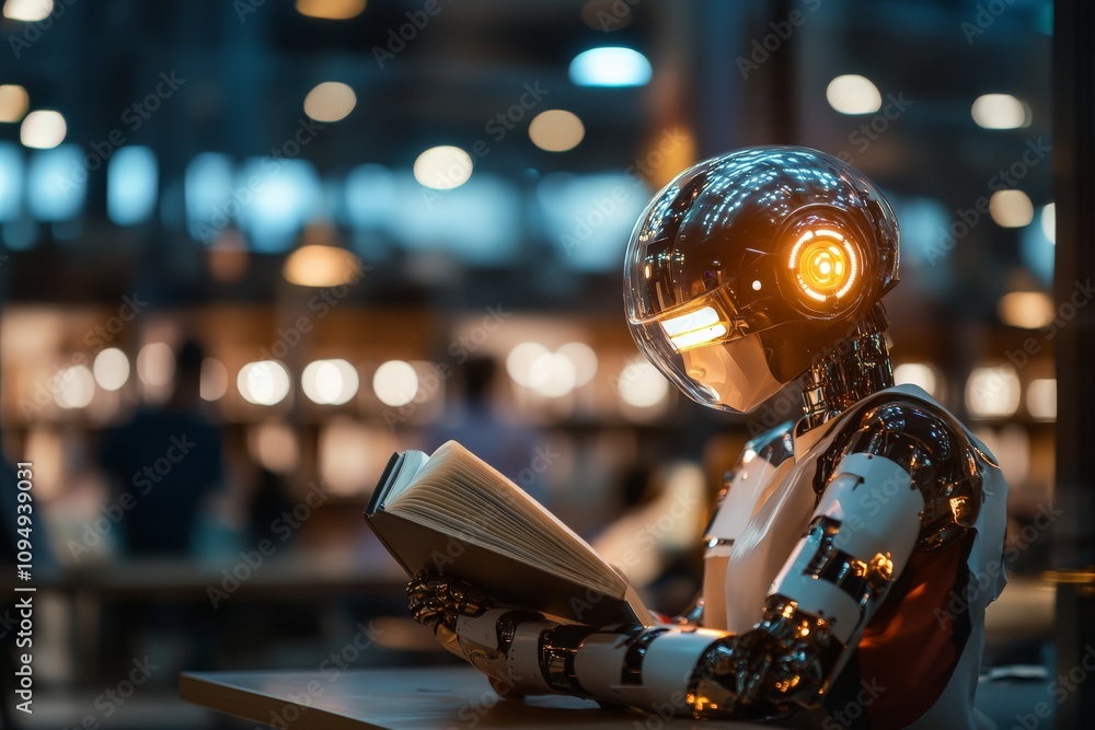 Poster a humanoid robot sits in a dimly lit environment, absorbed in reading a book, exemplifying the inter