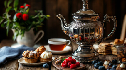 Fototapeta premium A shiny metal samovar sits on a wooden table, next to a cup of tea and some tasty treats.