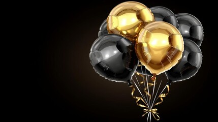 hyper realistic photo of  Congratulatory greeting luxury card with gold and black balloons, serpentine, ribbons on a dark background with a gradient