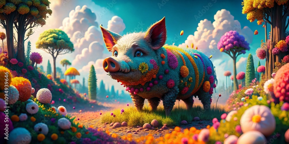 Poster colorful pixel pig surrounded by vibrant pixelated objects in a whimsical digital landscape, highlig