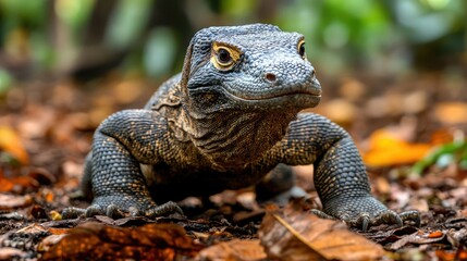 Obraz premium A close-up of a lizard on the forest floor among fallen leaves.