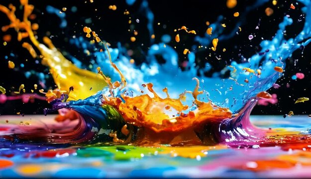 Vibrant Splashes of Color Creating a Dynamic and Energetic Abstract Background with Blue, Yellow, Orange, and Purple Paints Mixing in Splashing Patterns