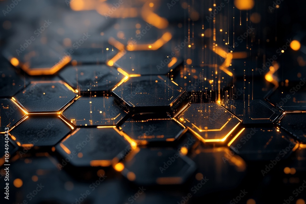 Poster a mesmerizing array of hexagonal shapes interlinked with glowing orange sparks, representing connect
