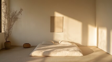 A calm bedroom features a simple bed on the floor with two pillows. Bright sunlight streams in through large windows, casting gentle shadows. The room has a clean, open feel, enhancing relaxation.