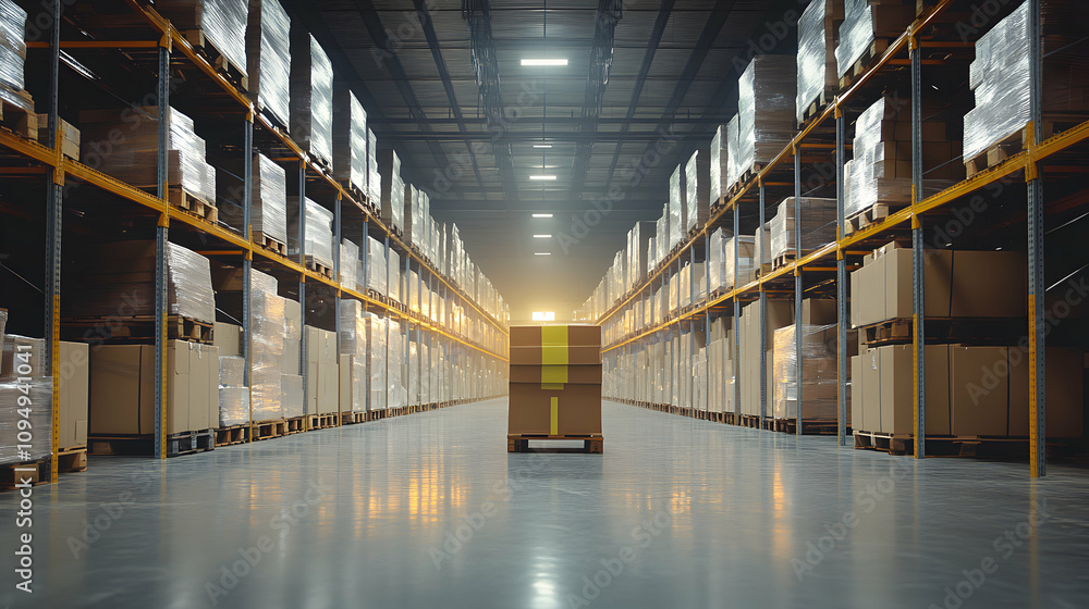 Poster a single cardboard box stands alone on a pallet in the center of a large, empty warehouse, surrounde