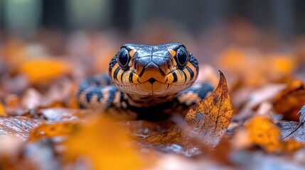 Fototapeta premium A close-up of a snake among autumn leaves, showcasing its vibrant colors and textures.