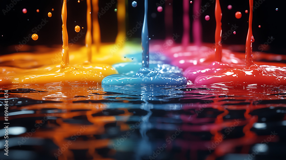 Poster colorful paint droplets splashing into water, creating a vibrant and dynamic scene.